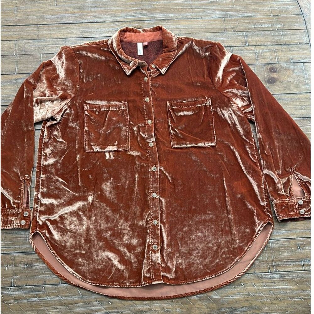 Pilcro Womens US 14 Crushed Velvet Button Front Shirt Copper Long Sleeve Blouse